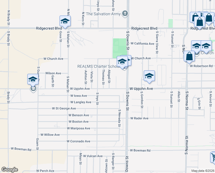 map of restaurants, bars, coffee shops, grocery stores, and more near 419 Thomas Street in Ridgecrest