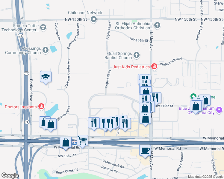 map of restaurants, bars, coffee shops, grocery stores, and more near 3121 Quail Springs Parkway in Oklahoma City