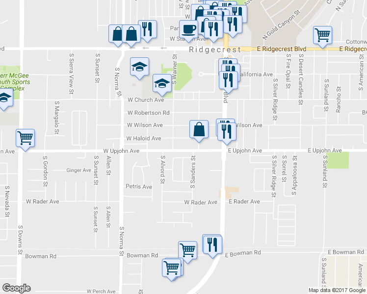 map of restaurants, bars, coffee shops, grocery stores, and more near 219 West Haloid Avenue in Ridgecrest