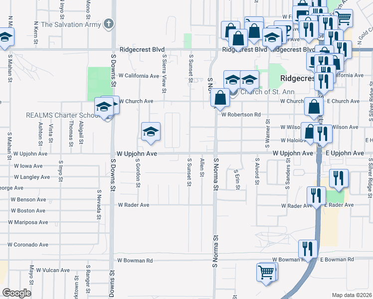 map of restaurants, bars, coffee shops, grocery stores, and more near 420 South Sunset Street in Ridgecrest