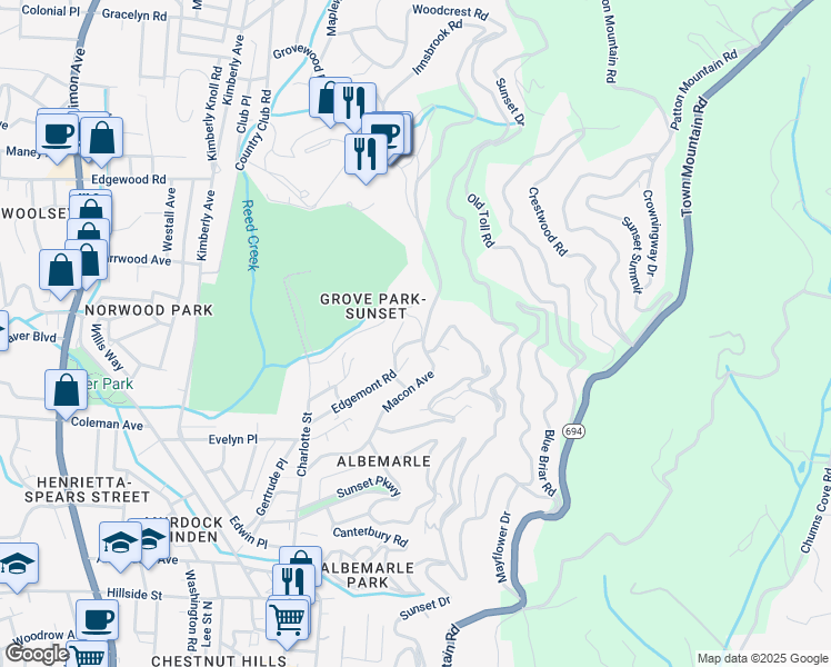 map of restaurants, bars, coffee shops, grocery stores, and more near 23 Sunset Terrace in Asheville