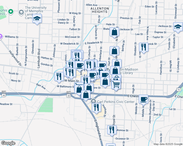 map of restaurants, bars, coffee shops, grocery stores, and more near 119 East College Street in Jackson