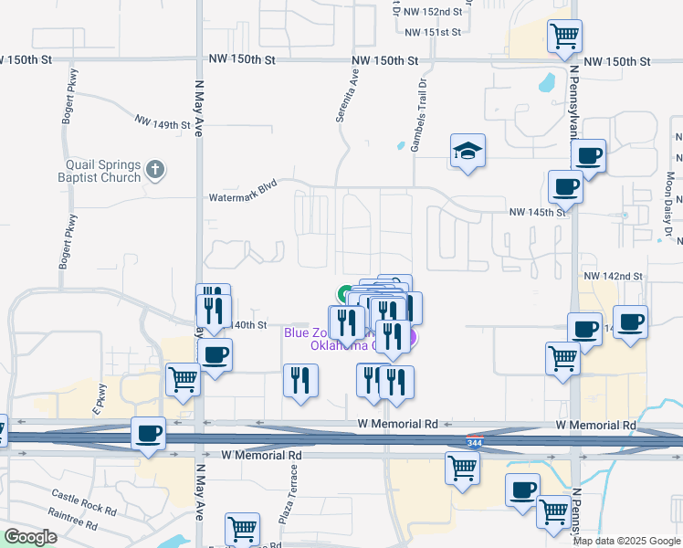 map of restaurants, bars, coffee shops, grocery stores, and more near 14500-14598 Mezzaluna Boulevard in Oklahoma City