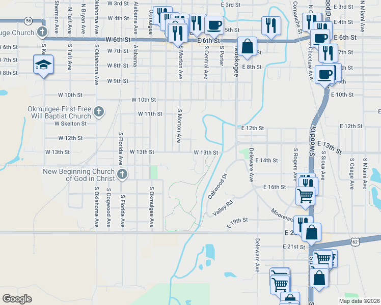 map of restaurants, bars, coffee shops, grocery stores, and more near 721 South Grand Avenue in Okmulgee