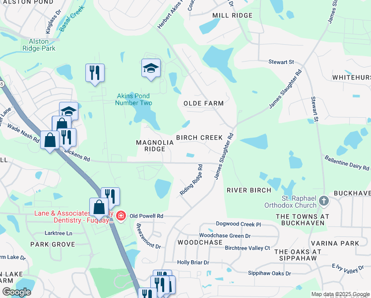 map of restaurants, bars, coffee shops, grocery stores, and more near 220 Birch Creek Drive in Fuquay-Varina