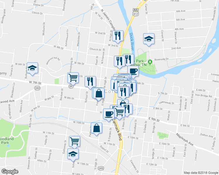 map of restaurants, bars, coffee shops, grocery stores, and more near 222 West 7th Street in Columbia