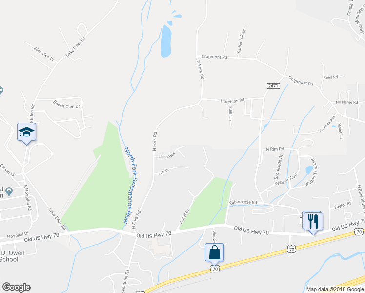 map of restaurants, bars, coffee shops, grocery stores, and more near 101 Lions Way in Black Mountain