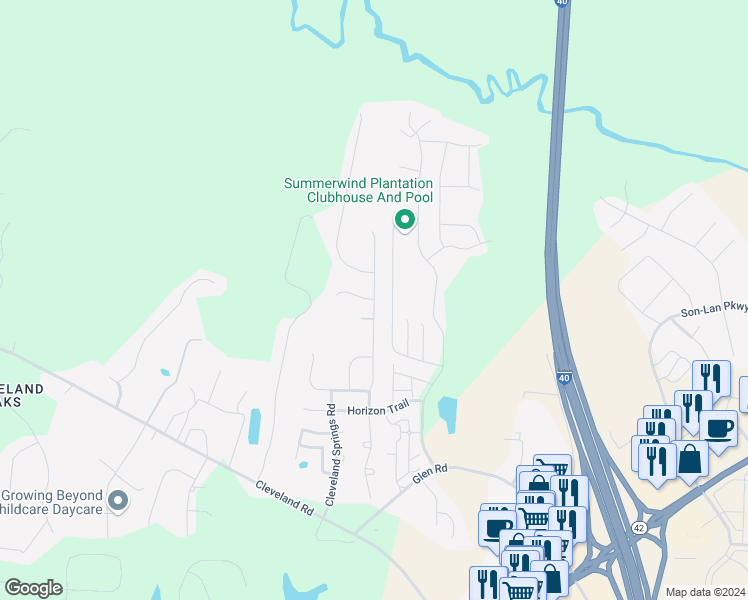 map of restaurants, bars, coffee shops, grocery stores, and more near 414 Outwater Ridge Drive in Garner