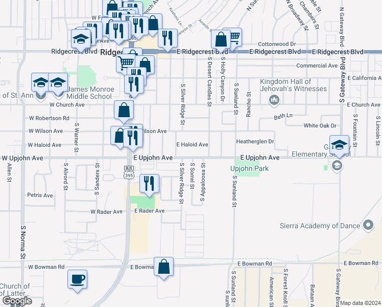 map of restaurants, bars, coffee shops, grocery stores, and more near 320 East Upjohn Avenue in Ridgecrest
