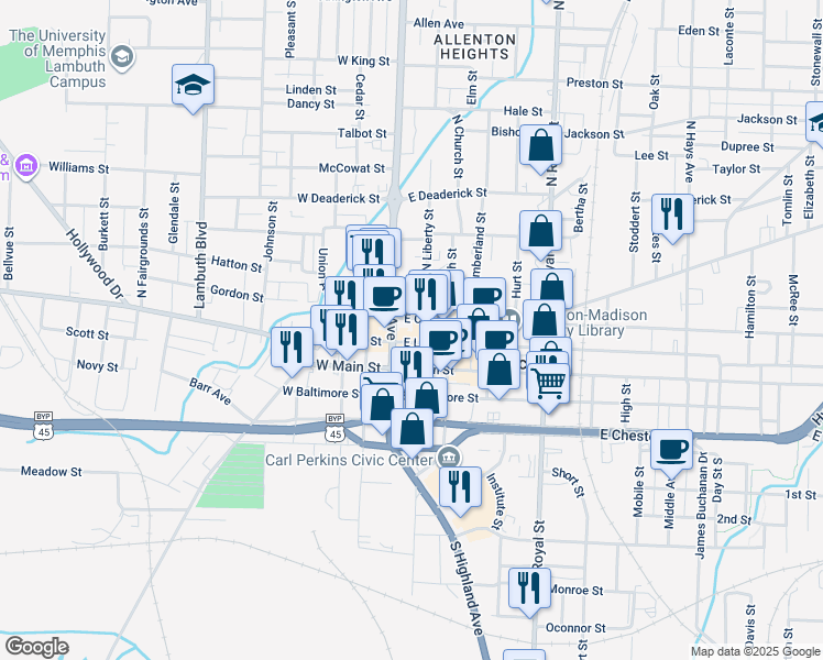 map of restaurants, bars, coffee shops, grocery stores, and more near 119 East College Street in Jackson