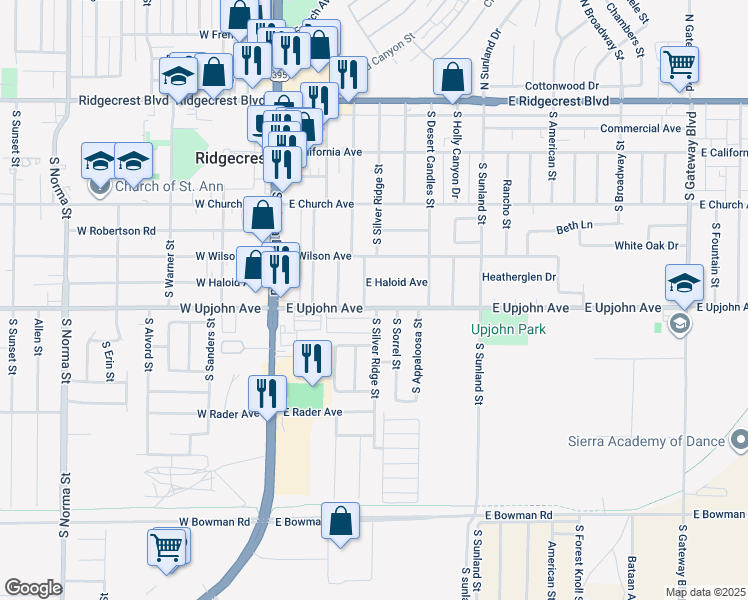 map of restaurants, bars, coffee shops, grocery stores, and more near 304 East Upjohn Avenue in Ridgecrest