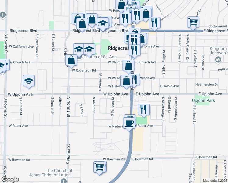 map of restaurants, bars, coffee shops, grocery stores, and more near 200 West Upjohn Avenue in Ridgecrest