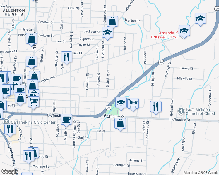 map of restaurants, bars, coffee shops, grocery stores, and more near 215 Crocker Street in Jackson