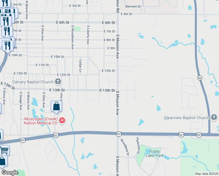map of restaurants, bars, coffee shops, grocery stores, and more near 804 South Prairie Avenue in Okmulgee