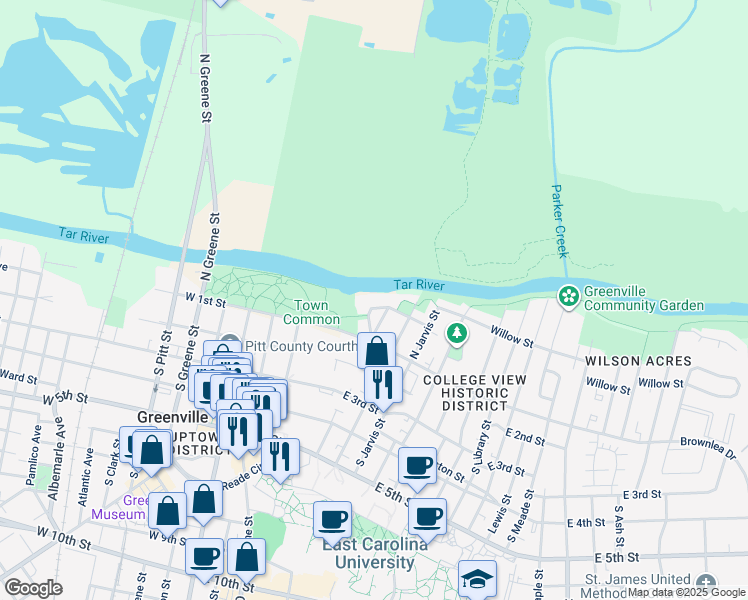 map of restaurants, bars, coffee shops, grocery stores, and more near 119 Baker Street in Greenville