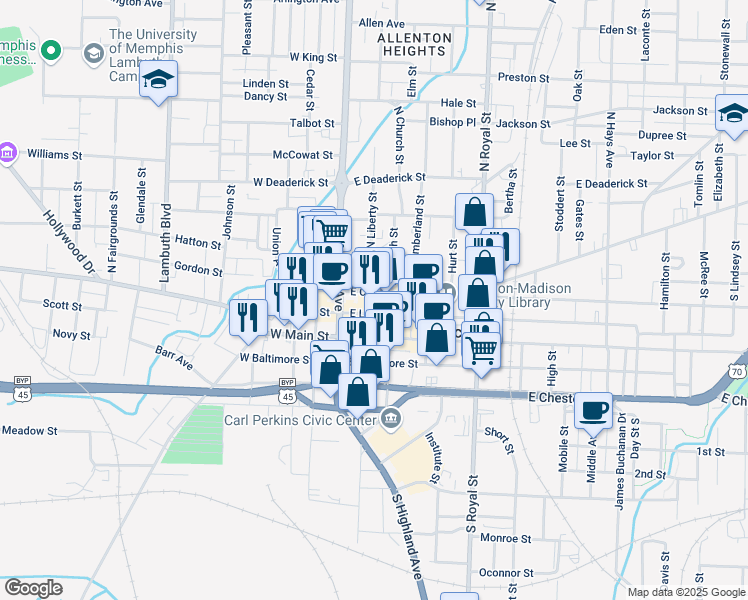map of restaurants, bars, coffee shops, grocery stores, and more near 119 East College Street in Jackson