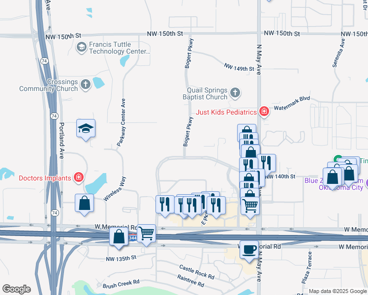 map of restaurants, bars, coffee shops, grocery stores, and more near 3121 Quail Springs Parkway in Oklahoma City