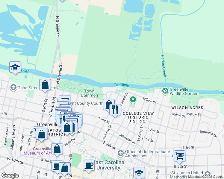 map of restaurants, bars, coffee shops, grocery stores, and more near 127 Avery Street in Greenville