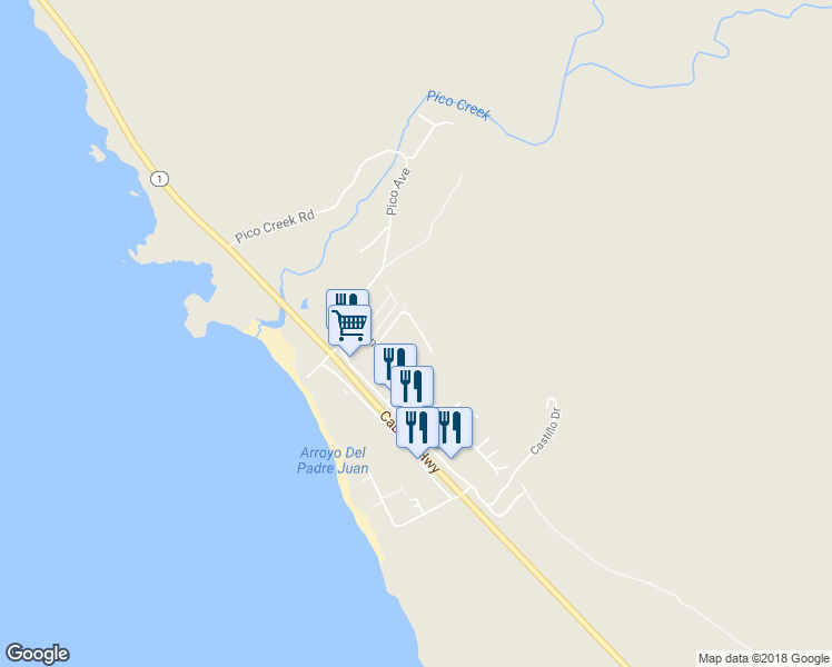 map of restaurants, bars, coffee shops, grocery stores, and more near 9391 Jasper Avenue in San Simeon