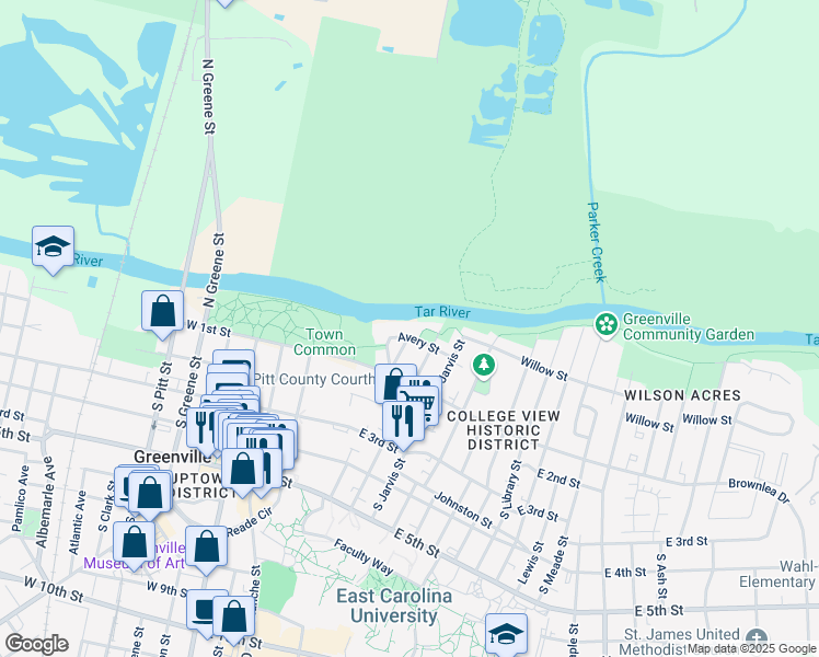 map of restaurants, bars, coffee shops, grocery stores, and more near 125 Avery Street in Greenville