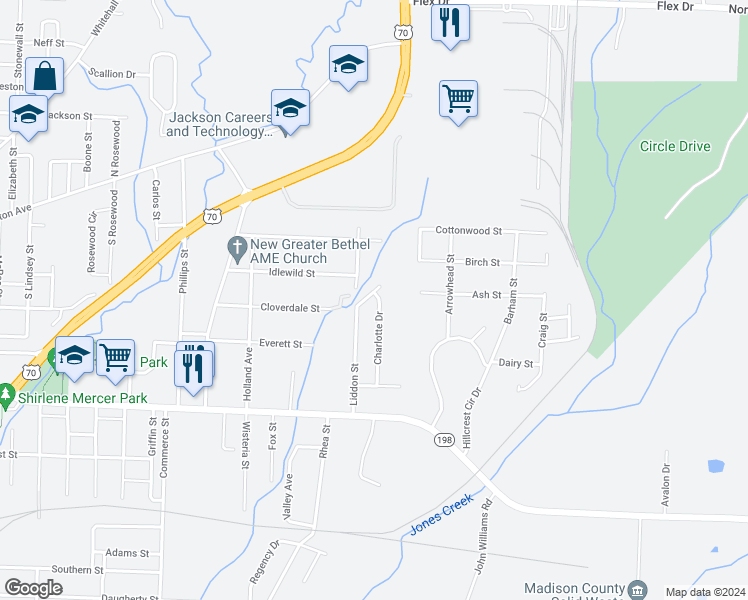 map of restaurants, bars, coffee shops, grocery stores, and more near 101 Charlotte Drive in Jackson