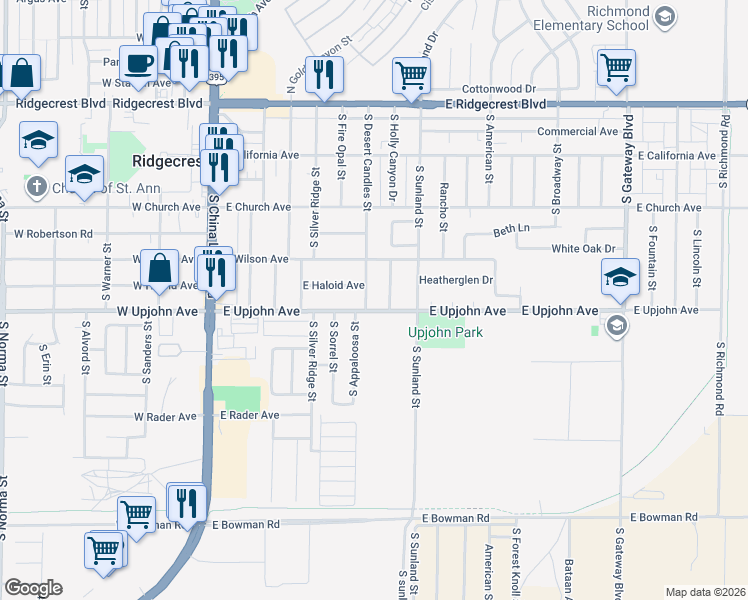 map of restaurants, bars, coffee shops, grocery stores, and more near 430 South Desert Candles Street in Ridgecrest