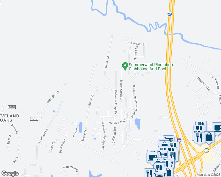 map of restaurants, bars, coffee shops, grocery stores, and more near Knoll Court in Johnston County