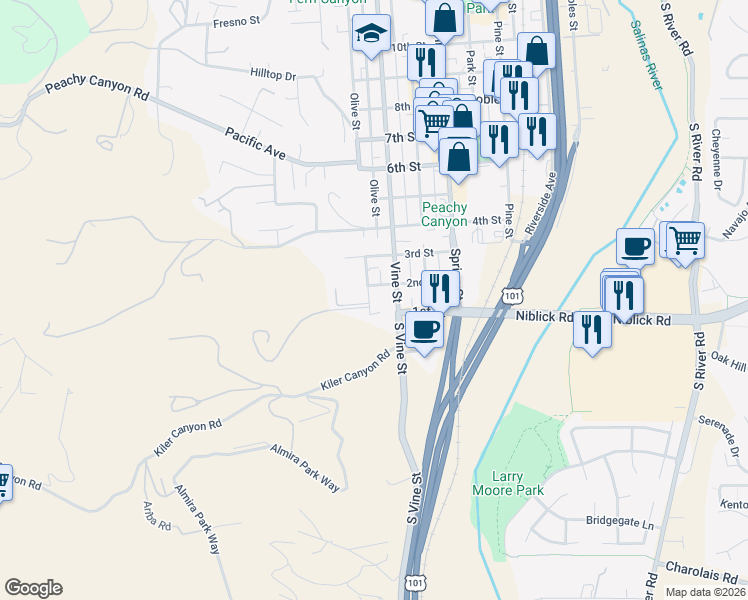 map of restaurants, bars, coffee shops, grocery stores, and more near 149 Olive Street in Paso Robles