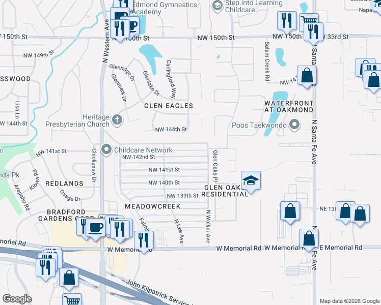map of restaurants, bars, coffee shops, grocery stores, and more near 516 Northwest 143rd Street in Edmond