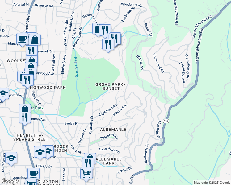 map of restaurants, bars, coffee shops, grocery stores, and more near 23 Sunset Terrace in Asheville