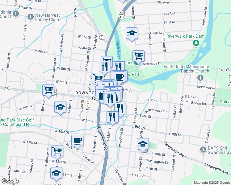 map of restaurants, bars, coffee shops, grocery stores, and more near 106 East 6th Street in Columbia