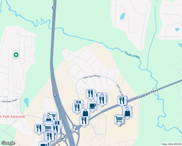 map of restaurants, bars, coffee shops, grocery stores, and more near 45 Cliffview Drive in Garner