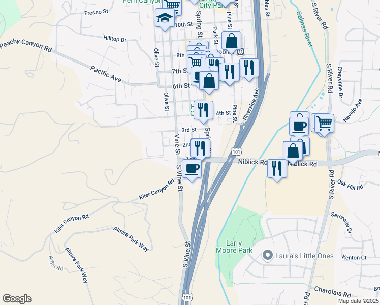 map of restaurants, bars, coffee shops, grocery stores, and more near 121 Oak Street in Paso Robles