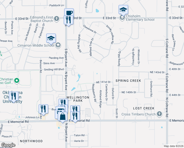 map of restaurants, bars, coffee shops, grocery stores, and more near 14313 Middleberry Road in Edmond
