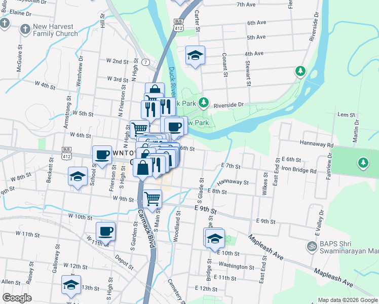 map of restaurants, bars, coffee shops, grocery stores, and more near 700 Woodland Street in Columbia