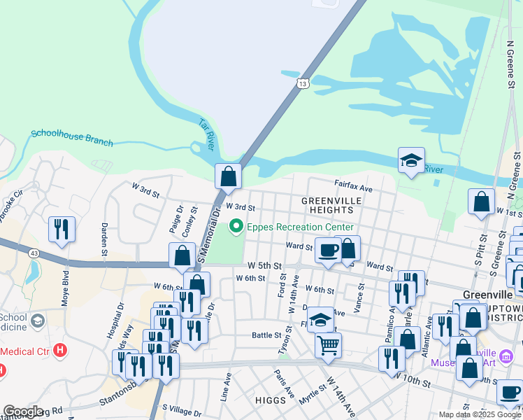 map of restaurants, bars, coffee shops, grocery stores, and more near 1500 West 3rd Street in Greenville