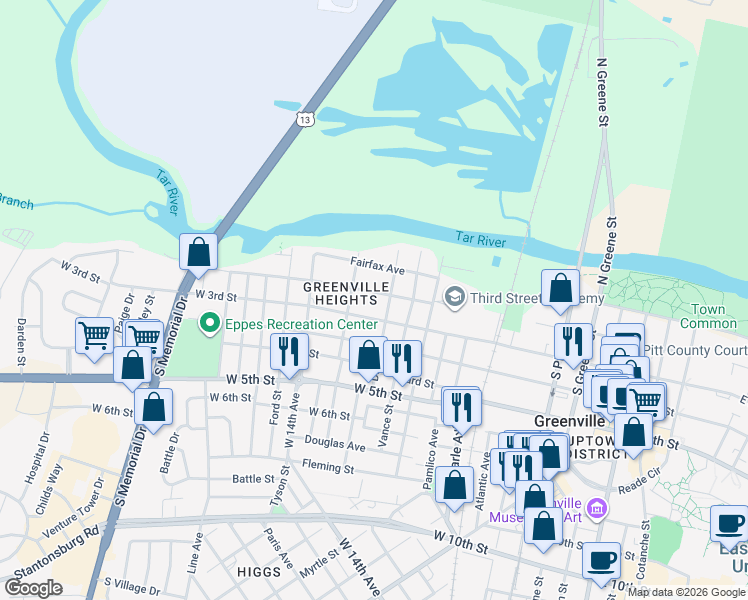 map of restaurants, bars, coffee shops, grocery stores, and more near 1007 Colonial Avenue in Greenville