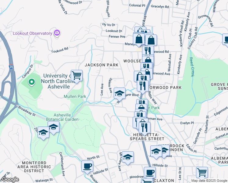 map of restaurants, bars, coffee shops, grocery stores, and more near 49 Salem Avenue in Asheville