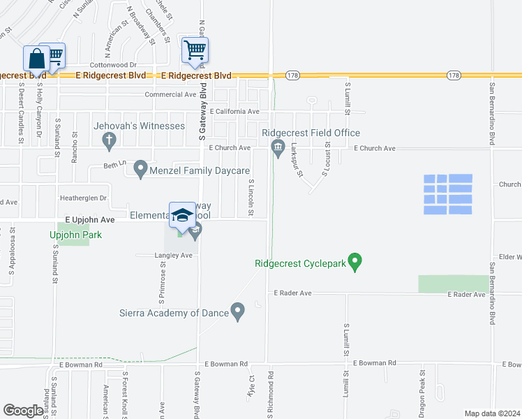 map of restaurants, bars, coffee shops, grocery stores, and more near 429 South Richmond Road in Ridgecrest