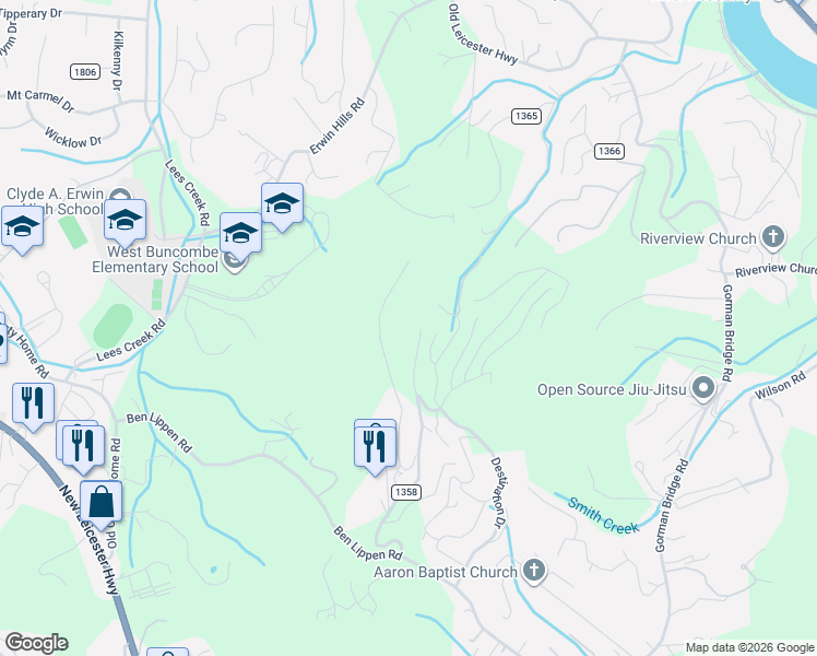 map of restaurants, bars, coffee shops, grocery stores, and more near 83 Chimney Crest Drive in Asheville