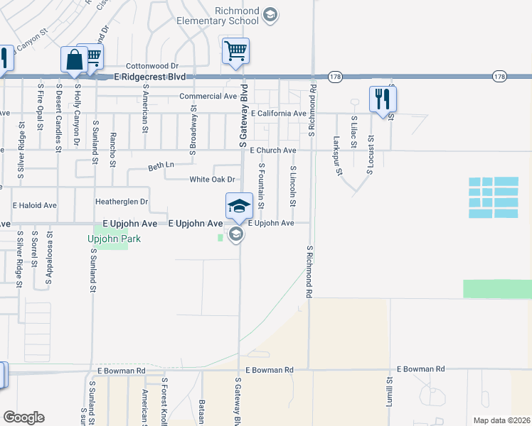 map of restaurants, bars, coffee shops, grocery stores, and more near 420 South Fountain Street in Ridgecrest