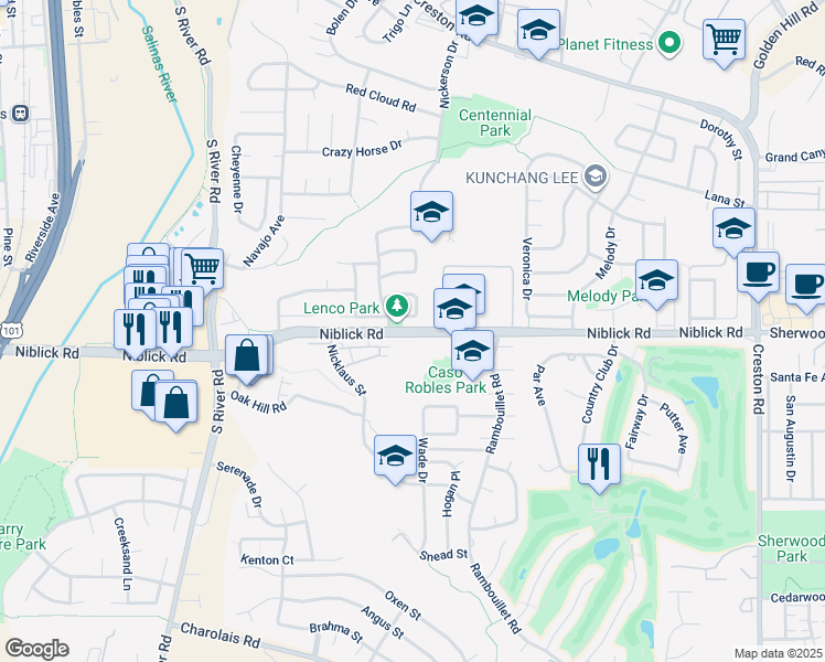 map of restaurants, bars, coffee shops, grocery stores, and more near 812 Niblick Road in Paso Robles