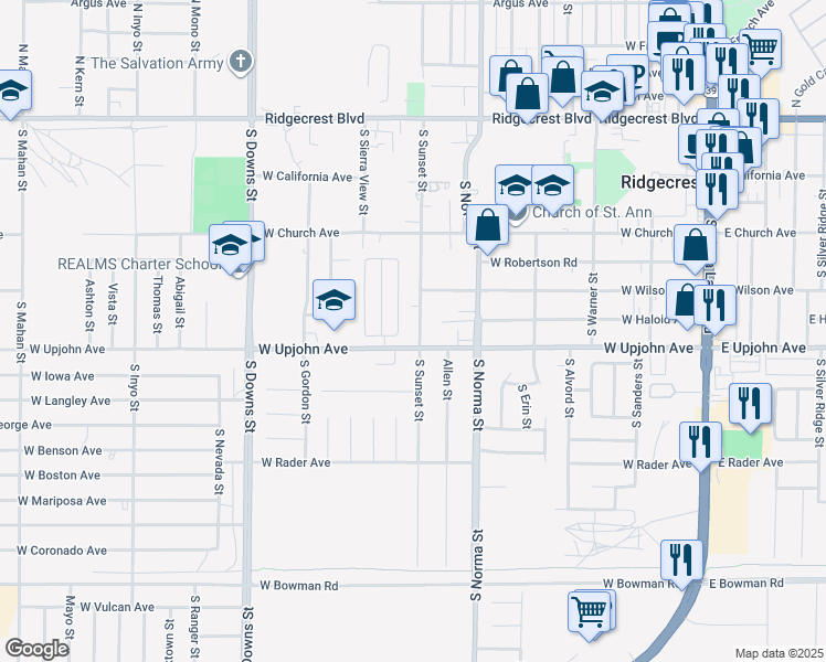 map of restaurants, bars, coffee shops, grocery stores, and more near 420 South Sunset Street in Ridgecrest