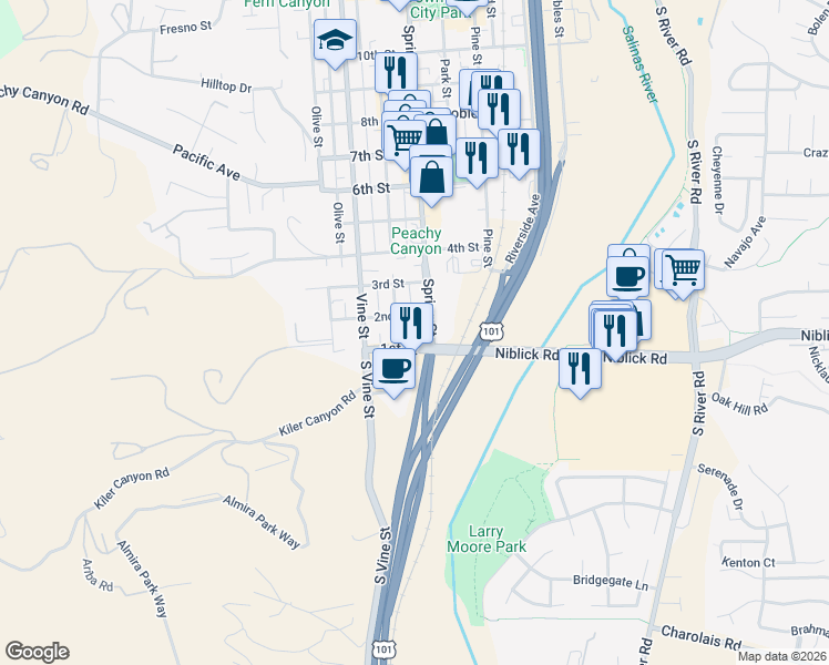 map of restaurants, bars, coffee shops, grocery stores, and more near 125 Spring Street in Paso Robles