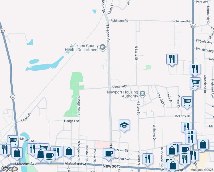 map of restaurants, bars, coffee shops, grocery stores, and more near 1005 North Pecan Street in Newport