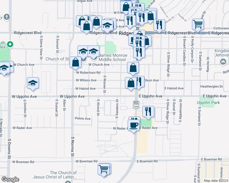 map of restaurants, bars, coffee shops, grocery stores, and more near 215 West Haloid Avenue in Ridgecrest