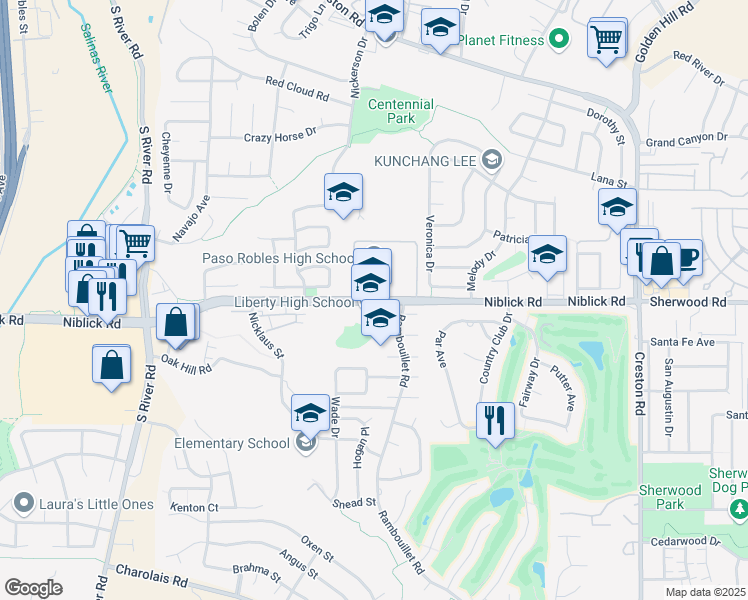 map of restaurants, bars, coffee shops, grocery stores, and more near 812 Niblick Road in Paso Robles