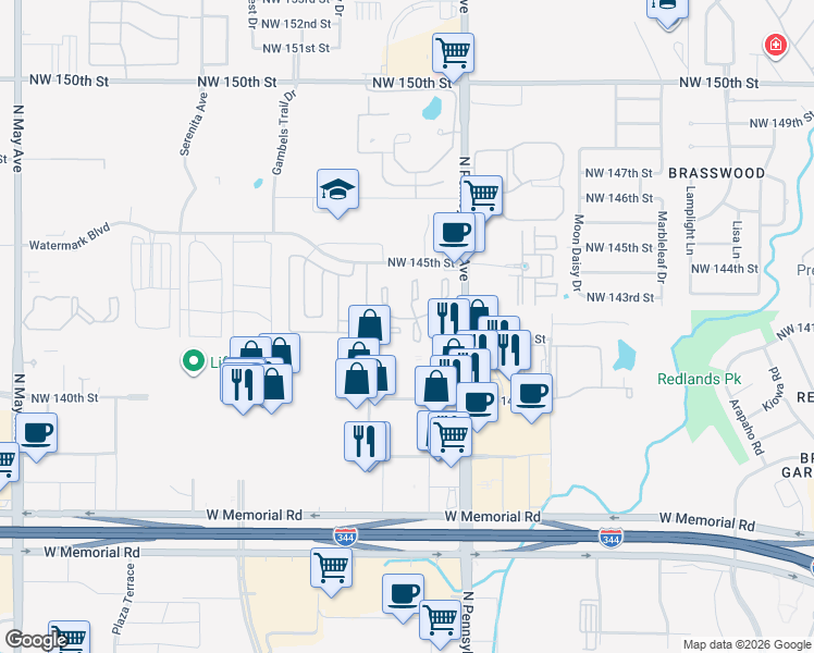 map of restaurants, bars, coffee shops, grocery stores, and more near 14331 North Pennsylvania Avenue in Oklahoma City