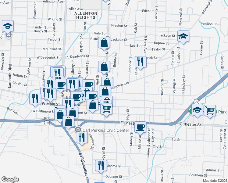 map of restaurants, bars, coffee shops, grocery stores, and more near 520 East College Street in Jackson