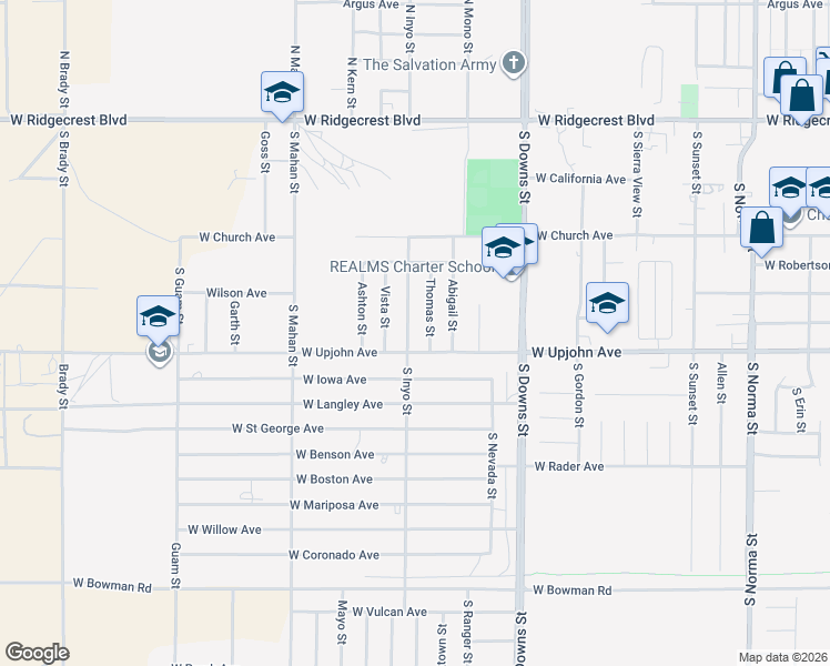 map of restaurants, bars, coffee shops, grocery stores, and more near 419 Thomas Street in Ridgecrest